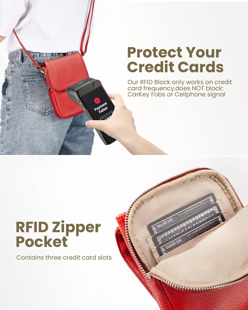 befen Genuine Leather Small Crossbody Bags for Women, Woman Cell Phone Cross body Purses Bag with RFID Blocking Card Slots Fire-engine Red - Image 3