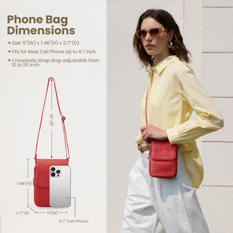 befen Genuine Leather Small Crossbody Bags for Women, Woman Cell Phone Cross body Purses Bag with RFID Blocking Card Slots Fire-engine Red - Image 2