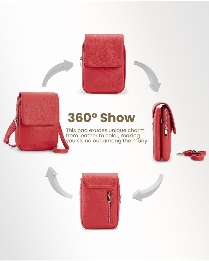 befen Genuine Leather Small Crossbody Bags for Women, Woman Cell Phone Cross body Purses Bag with RFID Blocking Card Slots Fire-engine Red - Image 5