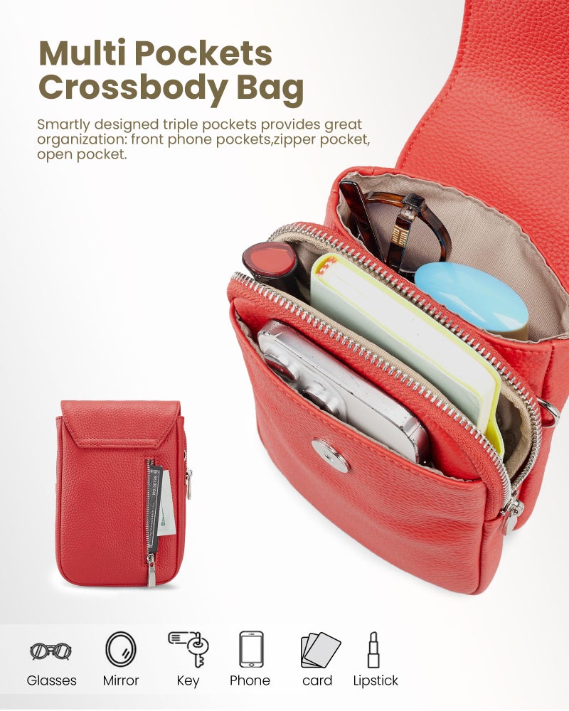 befen Genuine Leather Small Crossbody Bags for Women, Woman Cell Phone Cross body Purses Bag with RFID Blocking Card Slots Fire-engine Red - Image 4