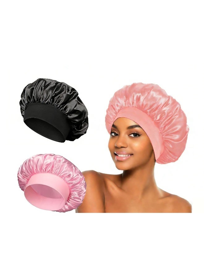 2Pcs Oversize Silk Satin Hair Bonnet for Sleeping, Sleep Bonnet with Elastic Soft Band,Sleep Bonnet Sleep Cap for Hair Curly Hair Sleeping Natural Hair(black and pink color) - Image 1