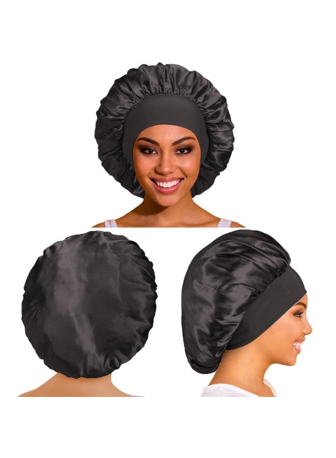 2Pcs Oversize Silk Satin Hair Bonnet for Sleeping, Sleep Bonnet with Elastic Soft Band,Sleep Bonnet Sleep Cap for Hair Curly Hair Sleeping Natural Hair(black and pink color) - Image 3