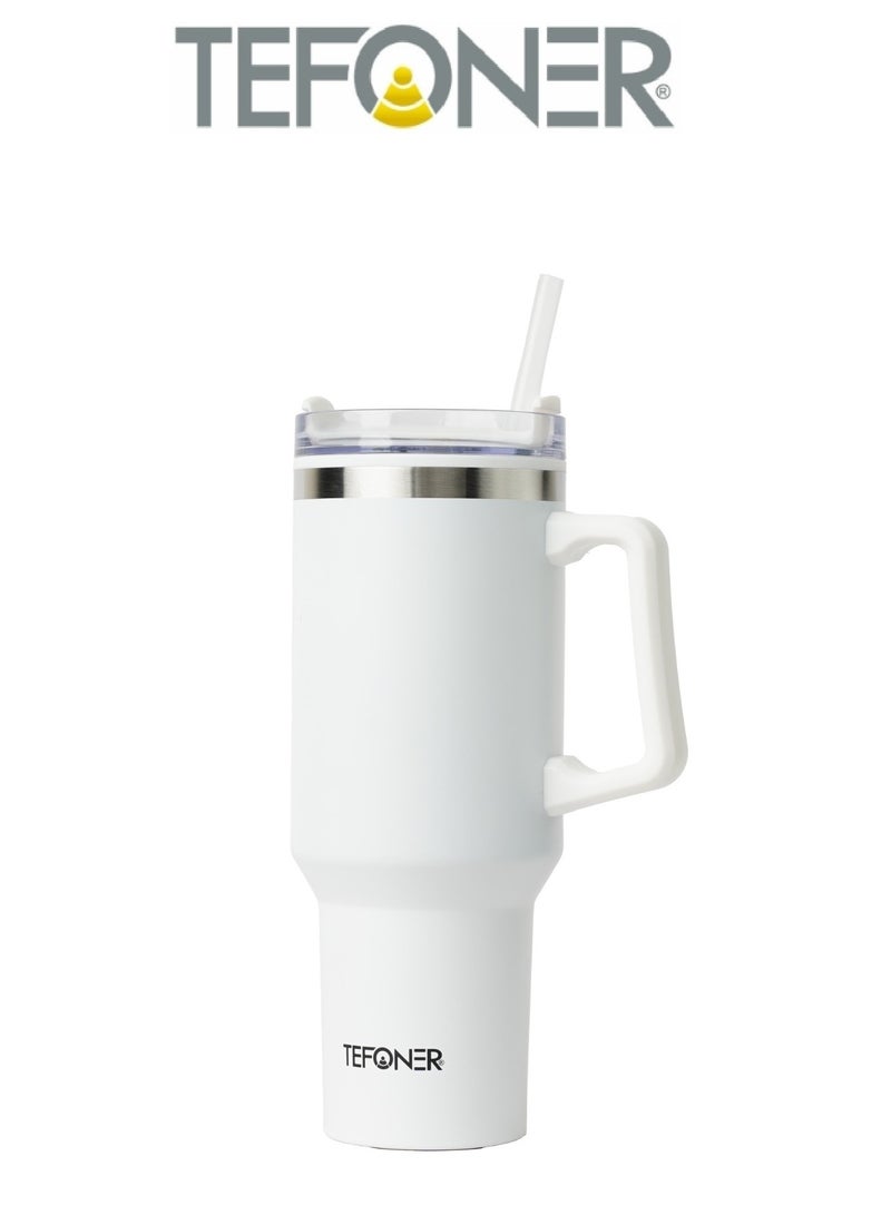 تيفونر مق كوب حراري يحفظ الحرارة والبرودة. كوب قهوة حافظة للحرارة بسعة 40oz (1.2 لتر). كوب حافظ للحراره سهل الحمل عبر مقبض قوي. مج حراري مع قشة قوية. مق أبيض - Image 1