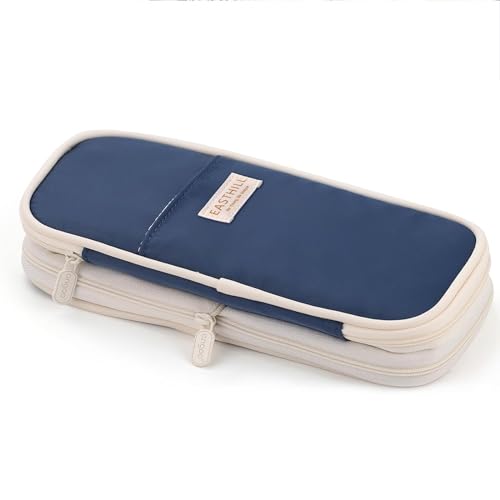 EASTHILL Canvas Big Capacity Pencil Pen Case Office College School Large Storage High Capacity Bag Pouch Holder Box Organizer Dark Blue - Image 1