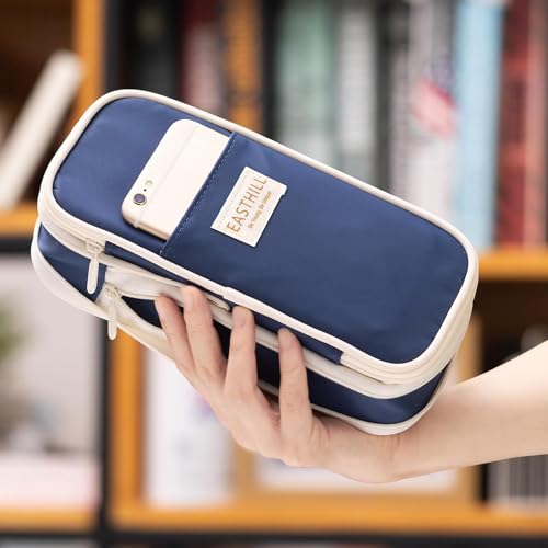 EASTHILL Canvas Big Capacity Pencil Pen Case Office College School Large Storage High Capacity Bag Pouch Holder Box Organizer Dark Blue - Image 4