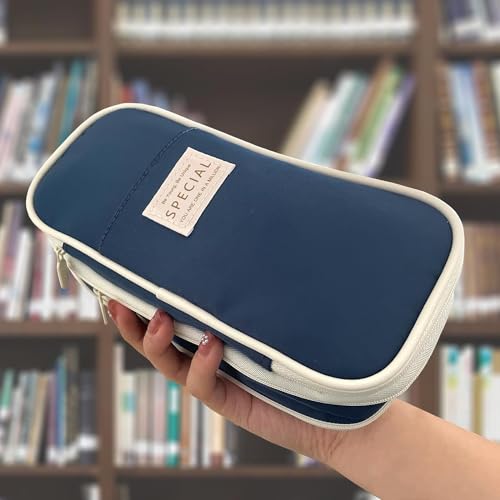 EASTHILL Canvas Big Capacity Pencil Pen Case Office College School Large Storage High Capacity Bag Pouch Holder Box Organizer Dark Blue - Image 2