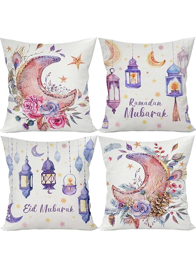 The Bros أغطية وسائد رمضان مبارك، وسائد رمضان من الكتان 18x18 بوصة مجموعة من 4، فوانيس المسجد، غطاء وسادة إسلامي مبارك، زينة منزلية لسرير، أريكة، وسادة سيارة، وسادة كرسي، هدايا رمضان - Image 1