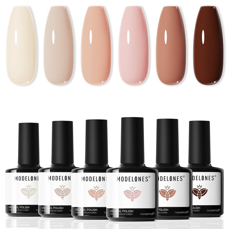 modelones Nude Gel Nail Polish Set -6 Colors Neutral Milky White Pink Brown Gel Polish Kit Skin Tones Soak Off Nail Kit Manicure DIY at Home Nail Art Salon Gift - Image 1