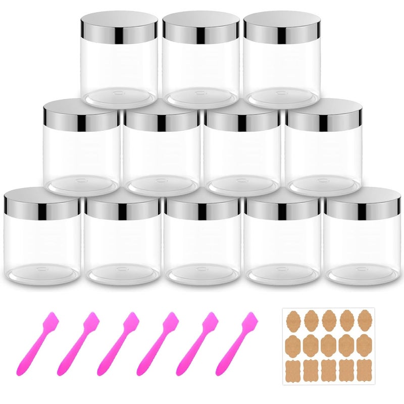 AMORIX 12 Pack 8 oz Plastic Cosmetic Containers With Silver Lids Refillable Clear Empty Travle Jars Containers for Body Butter,Sugar Scrubs,Cream,Lotions,Candy, Label&Spatulas - Image 1