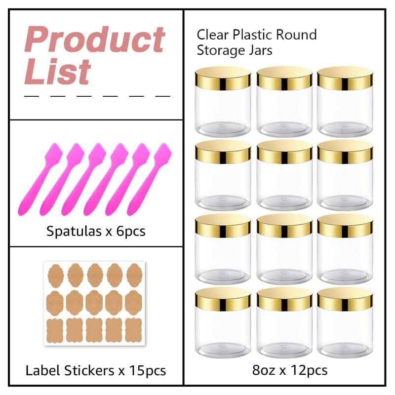 AMORIX 12 Pack 8 oz Plastic Cosmetic Containers With Silver Lids Refillable Clear Empty Travle Jars Containers for Body Butter,Sugar Scrubs,Cream,Lotions,Candy, Label&Spatulas - Image 4
