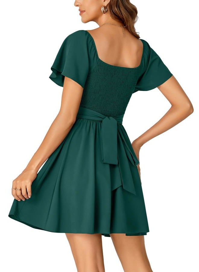 Rooscier Women's Tie Back Square Neck Wrap Ruffle Short Sleeve Flare Mini Dress, Dark Green, S - Image 5