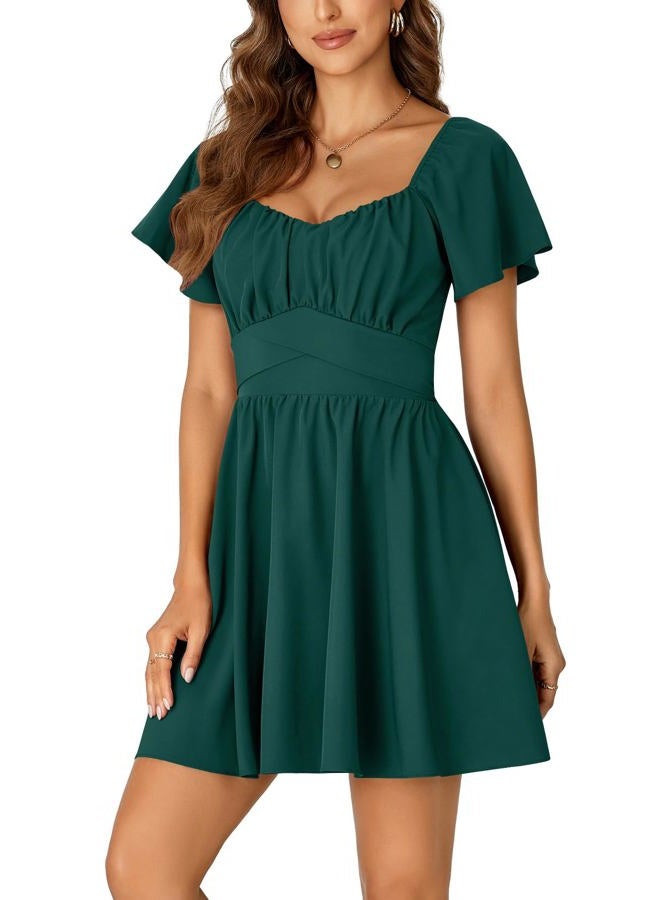 Rooscier Women's Tie Back Square Neck Wrap Ruffle Short Sleeve Flare Mini Dress, Dark Green, S - Image 3