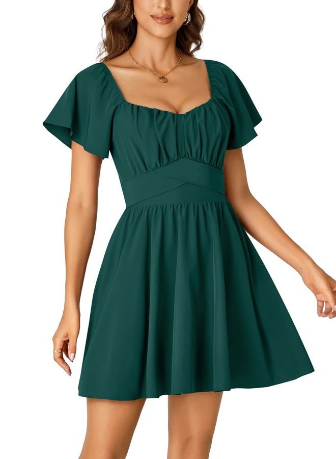 Rooscier Women's Tie Back Square Neck Wrap Ruffle Short Sleeve Flare Mini Dress, Dark Green, S - Image 4