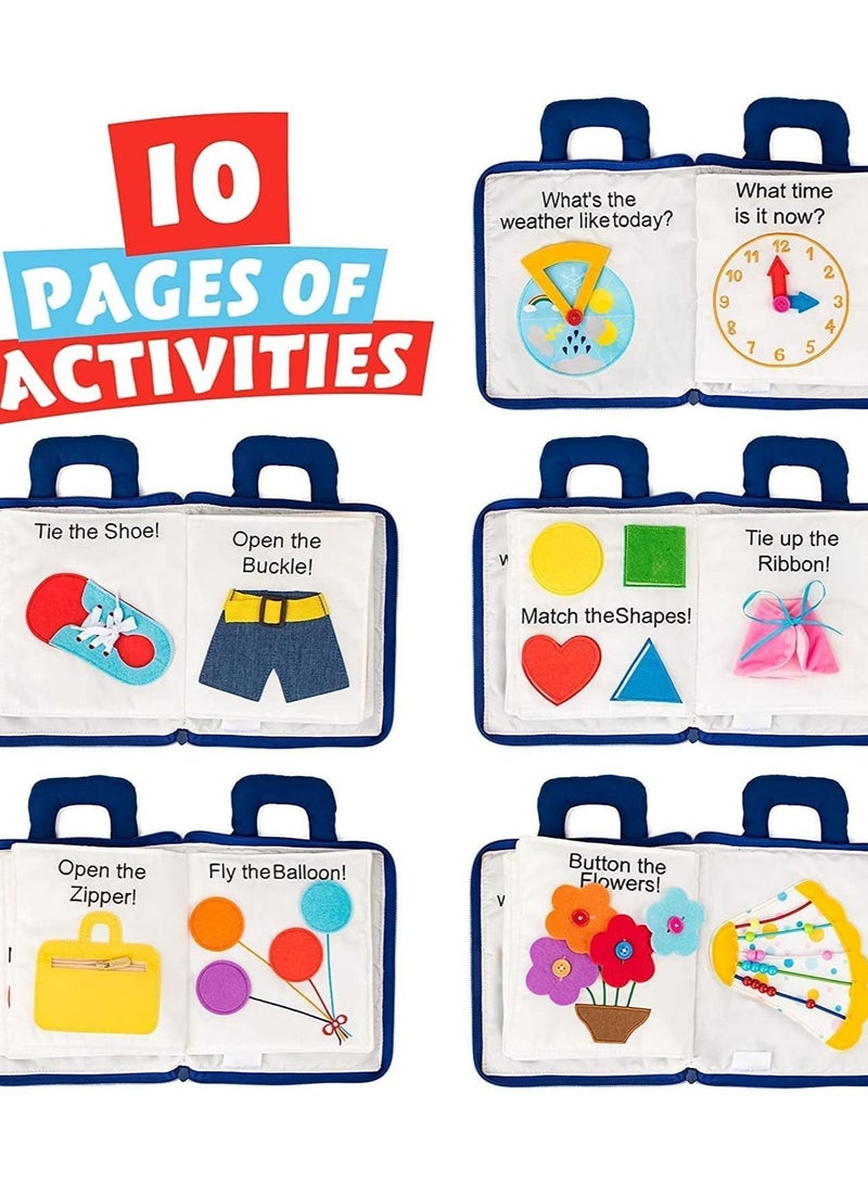 Montessori Activity Quiet Book - Travel Toy Cloth for Toddlers 10 Topics Activities Early Learning How to Basic Life Skills Toddlers, Interactive Busy Boys and Girls(Blue) - Image 2