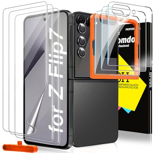 Milomdoi 9 in 1 Screen Protector for Samsung Galaxy Z Flip 7, 3 Inside Flexible Film + 3 Front Tempered Glass + 3 Camera Lens Protector Accessories with Installation Frame,Clear - Image 1