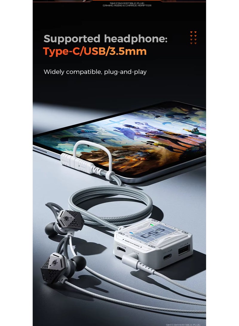 Plextone GS5 PRO Multi-Functional 5-in-1 Lightning Connector features a 3.5mm Headphone Jack, USB Port, Type-C Port, 60W Fast Charging, and Hi-Res Sound Quality. Ensures compatibility with a variety of devices such as iOS Pad, Galaxy S20, OnePlus 8 Pro, and more. Grey - Image 5