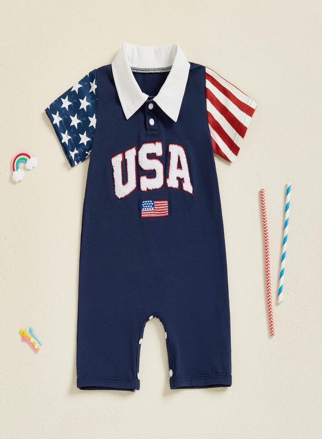 FOCUSNORM 4th of July Baby Boy Clothes Short Sleeve Romper Lapel Jumpsuit Newborn Summer My First 4th of July Baby Boy Outfit (Cute Blue, 0-3 Months) - Image 5