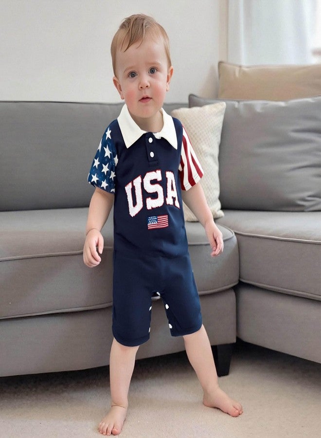 FOCUSNORM 4th of July Baby Boy Clothes Short Sleeve Romper Lapel Jumpsuit Newborn Summer My First 4th of July Baby Boy Outfit (Cute Blue, 0-3 Months) - Image 4