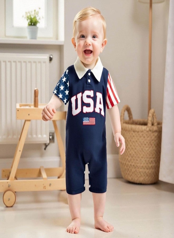 FOCUSNORM 4th of July Baby Boy Clothes Short Sleeve Romper Lapel Jumpsuit Newborn Summer My First 4th of July Baby Boy Outfit (Cute Blue, 0-3 Months) - Image 2