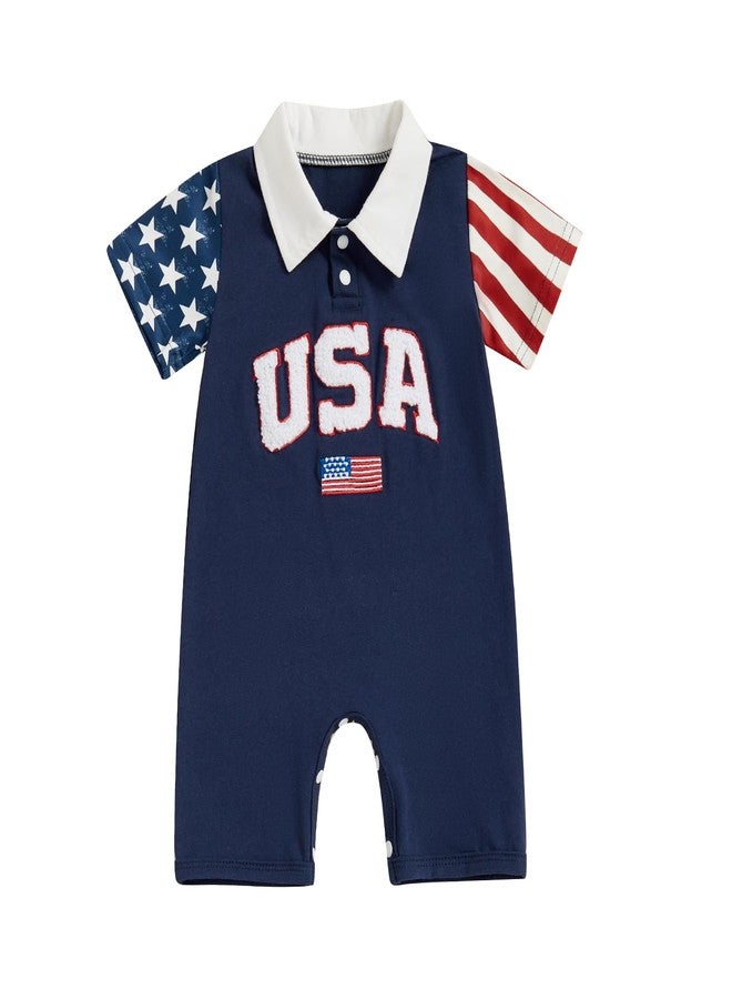 FOCUSNORM 4th of July Baby Boy Clothes Short Sleeve Romper Lapel Jumpsuit Newborn Summer My First 4th of July Baby Boy Outfit (Cute Blue, 0-3 Months) - Image 1