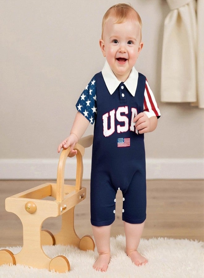 FOCUSNORM 4th of July Baby Boy Clothes Short Sleeve Romper Lapel Jumpsuit Newborn Summer My First 4th of July Baby Boy Outfit (Cute Blue, 0-3 Months) - Image 3