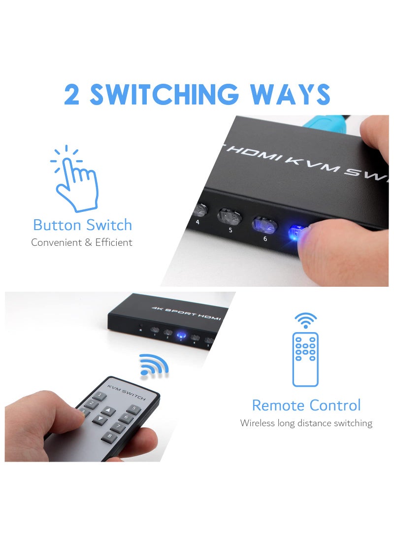 DGODRT 4K KVM Switch 8 Port, HDMI USB Switch for 8 Computers Share 4K@30Hz HD Monitor and 4 USB Devices, with IR Remote and 8 HDMI&USB KVM Cables  - Image 3