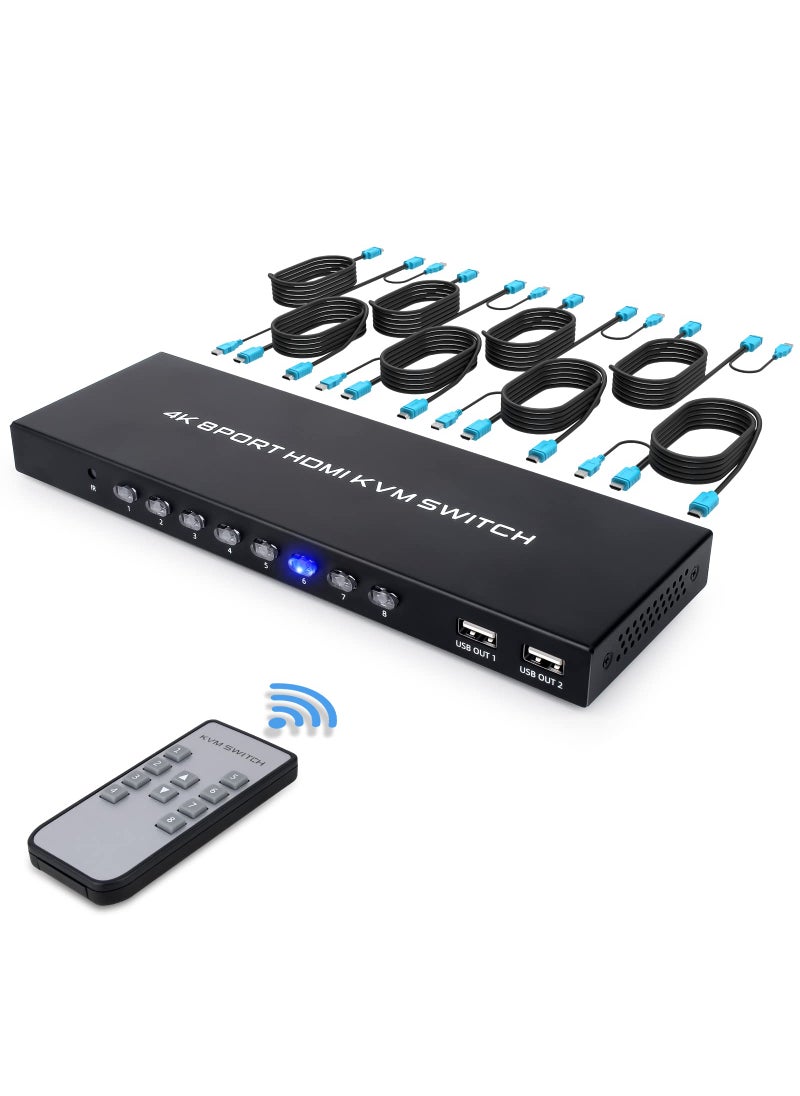 DGODRT 4K KVM Switch 8 Port, HDMI USB Switch for 8 Computers Share 4K@30Hz HD Monitor and 4 USB Devices, with IR Remote and 8 HDMI&USB KVM Cables  - Image 1