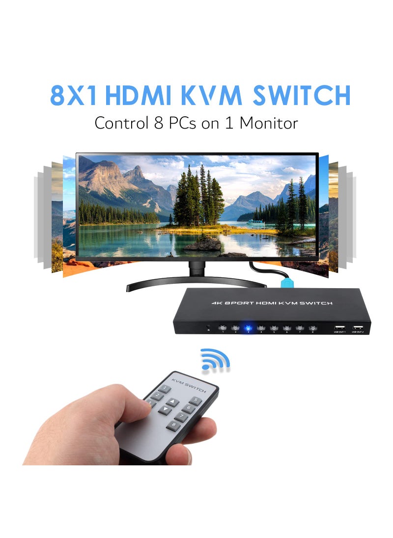 4K KVM Switch 8 Port, HDMI USB Switch for 8 Computers Share 4K@30Hz HD Monitor and 4 USB Devices, with IR Remote and 8 HDMI&USB KVM Cables