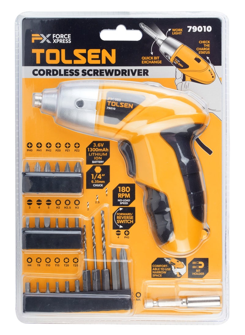 Tolsen 3.6V Cordless Screwdriver Set with 24 Accessories – Rechargeable Electric Driver with Bits and Drill Attachments – 79010 - Image 1