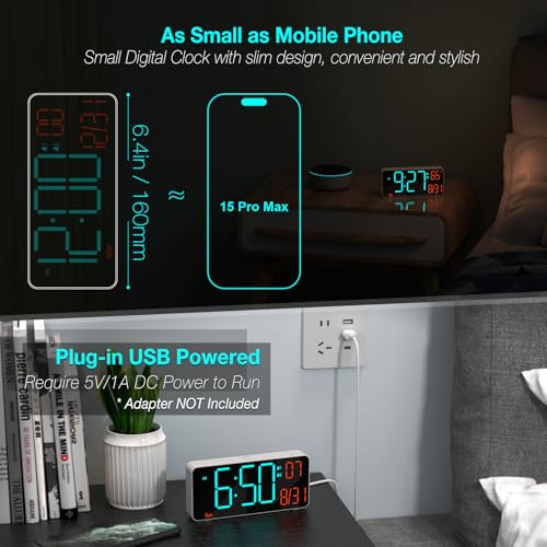 KOSUMOSU Small Digital Clock for Bedroom, 6.7in Desk Clock, Auto Dimming, Room Temperature, Day of The Week, Date, Seconds, Alarm Clocks for Bedrooms, Clocks for Living Room - Image 3