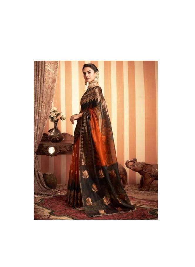 مملكة الإكسسوارات ساري حرير بناراسي نسائي، ساري حرير نقي مع قطعة بلوزة غير مخيطة - Image 2