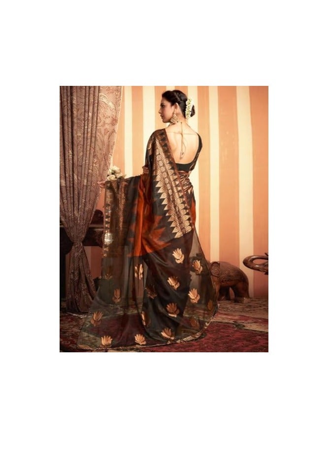 مملكة الإكسسوارات ساري حرير بناراسي نسائي، ساري حرير نقي مع قطعة بلوزة غير مخيطة - Image 4