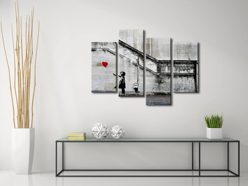Pyradecor Banksy Grafitti Girl with Red Balloon Large 4 Panels Modern Stretched Canvas Prints Artwork Grey Love Pictures Paintings on Canvas Wall Art for Office Home Decorations L - Image 3