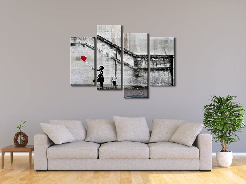 Pyradecor Banksy Grafitti Girl with Red Balloon Large 4 Panels Modern Stretched Canvas Prints Artwork Grey Love Pictures Paintings on Canvas Wall Art for Office Home Decorations L - Image 4