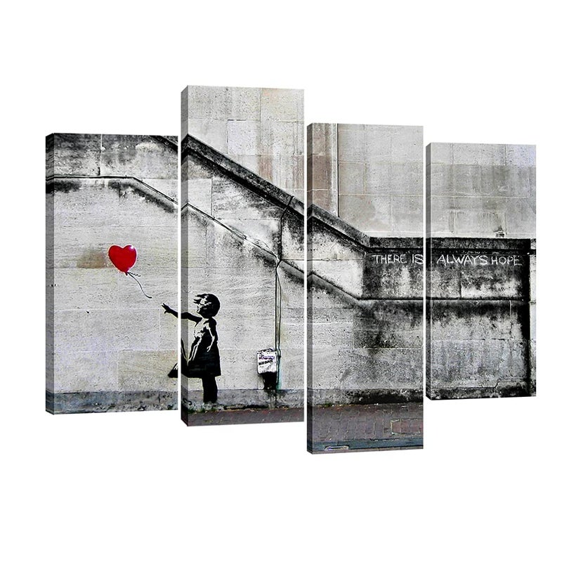 Pyradecor Banksy Grafitti Girl with Red Balloon Large 4 Panels Modern Stretched Canvas Prints Artwork Grey Love Pictures Paintings on Canvas Wall Art for Office Home Decorations L - Image 1
