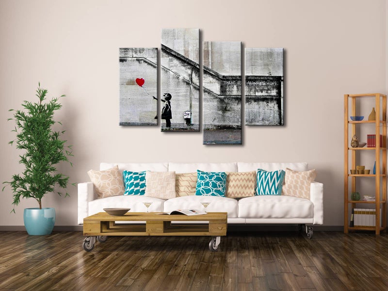 Pyradecor Banksy Grafitti Girl with Red Balloon Large 4 Panels Modern Stretched Canvas Prints Artwork Grey Love Pictures Paintings on Canvas Wall Art for Office Home Decorations L - Image 2