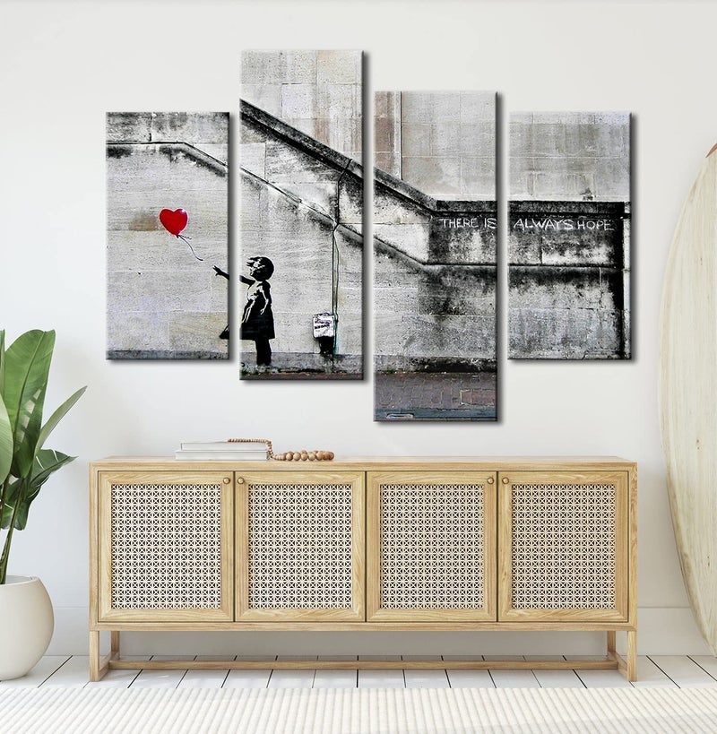 Pyradecor Banksy Grafitti Girl with Red Balloon Large 4 Panels Modern Stretched Canvas Prints Artwork Grey Love Pictures Paintings on Canvas Wall Art for Office Home Decorations L - Image 5