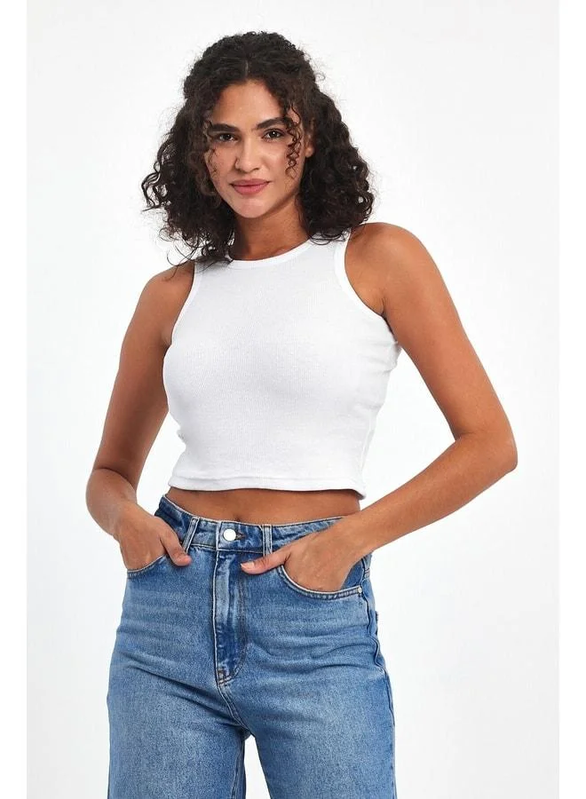 Mmetalic Women's White Ribbed-Look Strappy Thick Stretch Knit Basic Crop Tank Top