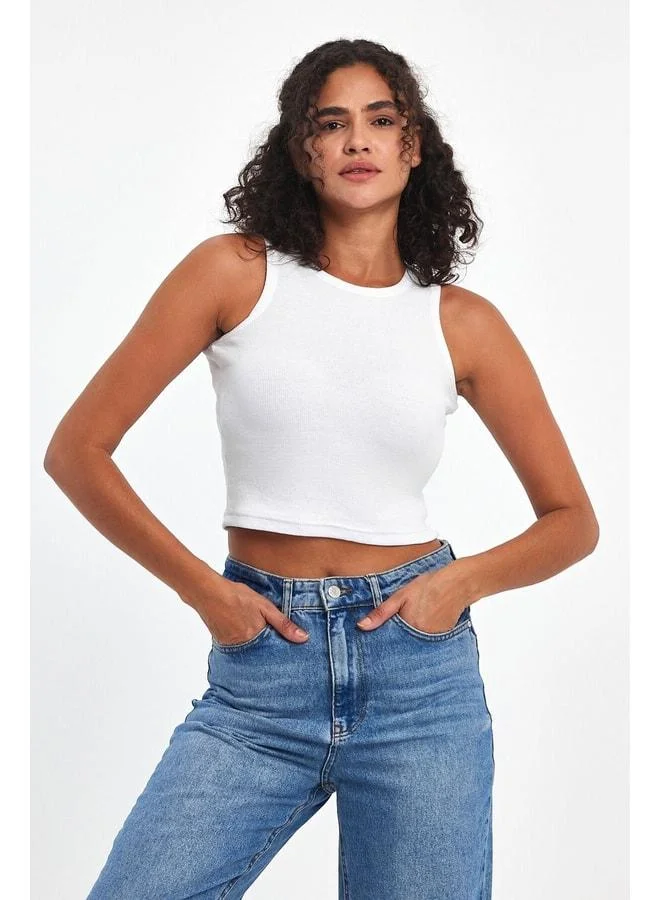 Mmetalic Women's White Ribbed-Look Strappy Thick Stretch Knit Basic Crop Tank Top