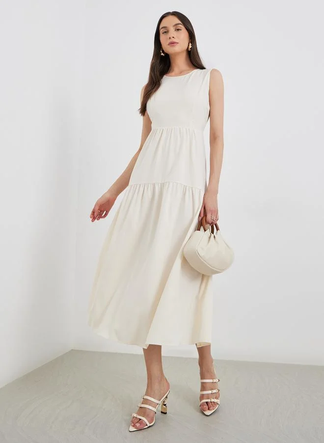 Take Two Take Two Beige Solid Sleeveless Tiered Midi Dress