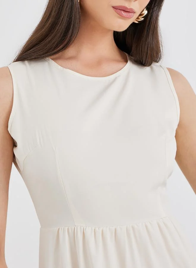 Take Two Take Two Beige Solid Sleeveless Tiered Midi Dress