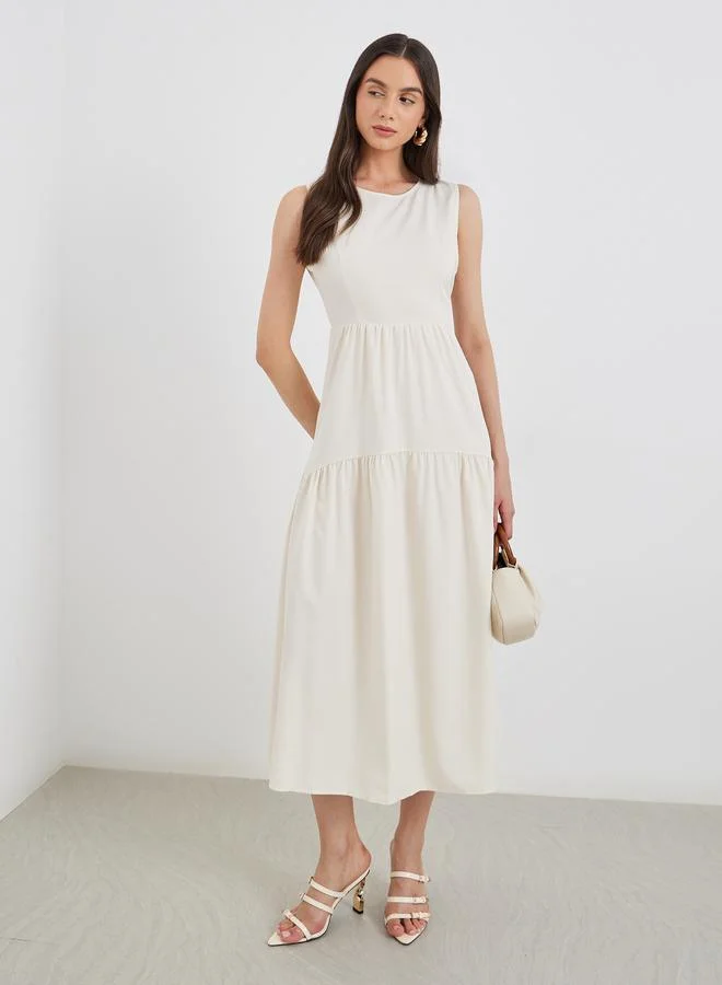 Take Two Take Two Beige Solid Sleeveless Tiered Midi Dress