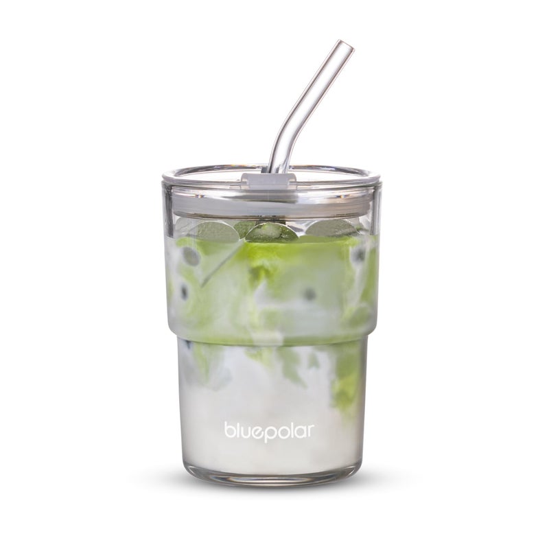 BLUEPOLAR 13oz400ml Glass Water Tumbler with Straw and Lid Sealed Carry On Thick Wall Iced Coffee Cup Glass Cup for Water Iced Tea Fruit Juice EtcAurora White