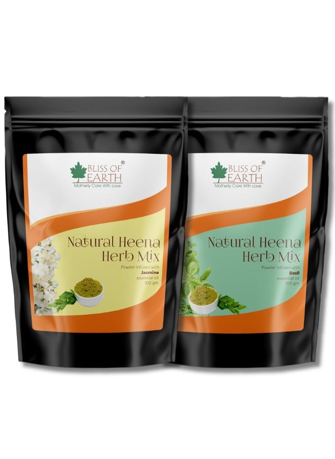 BLISS OF EARTH Herbal Henna for Hair: Jasmine & Basil Special Combo Blended with Herbs Amla, Neem, Babul Gum, & Essential Oils for Long Lasting Hair Color, Hair Nourishment & Health – Pack of 2 x 100g  - Image 1