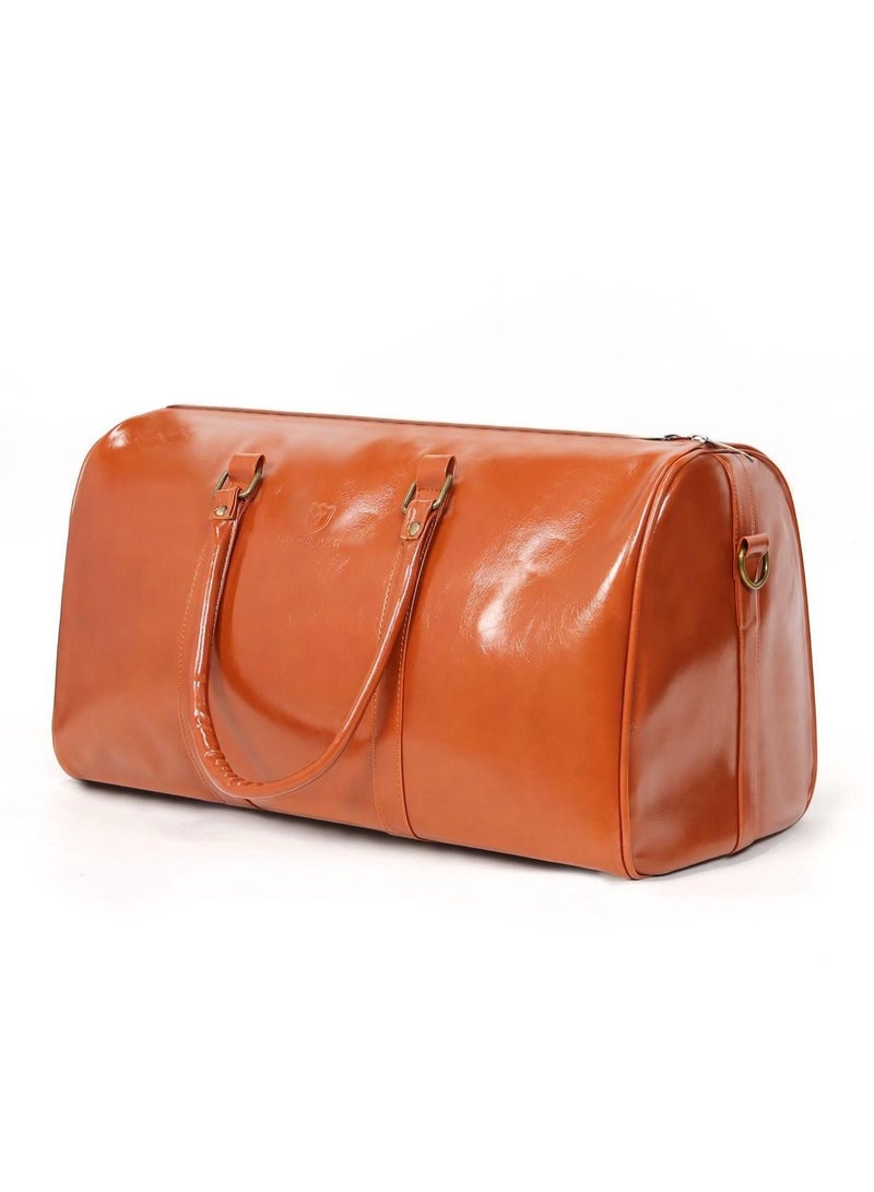 Premium Luxury Travel Duffle Bag, PU Leather, Tan Brown, Large Weekender Carry-On - Image 3