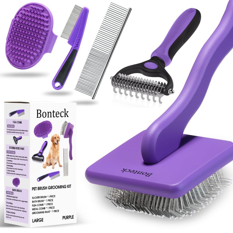 Bonteck Dog Slicker Brush for Dogs Grooming Kit 4PCS | Large Dog Brush for Goldendoodles Poodles Doodles | Long Pin Haired Brush | Poodle Brushes and Comb (Purple) - Image 1