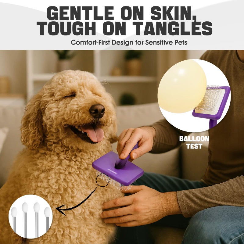 Bonteck Dog Slicker Brush for Dogs Grooming Kit 4PCS | Large Dog Brush for Goldendoodles Poodles Doodles | Long Pin Haired Brush | Poodle Brushes and Comb (Purple) - Image 3