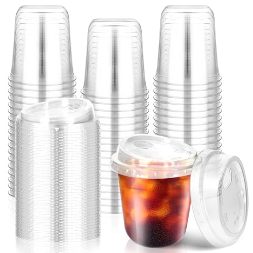 RMERVE 50 Pcs Plastic Coffee Cups with Sip Lids, Disposable Plastic PET Crystal Cups with Strawless Lid for Iced Coffee, Smoothie, Cold Beverage, Party Catering Supplies, Drink Shop (Clear, 12 oz) - Image 1