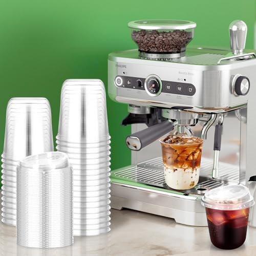 RMERVE 50 Pcs Plastic Coffee Cups with Sip Lids, Disposable Plastic PET Crystal Cups with Strawless Lid for Iced Coffee, Smoothie, Cold Beverage, Party Catering Supplies, Drink Shop (Clear, 12 oz) - Image 4