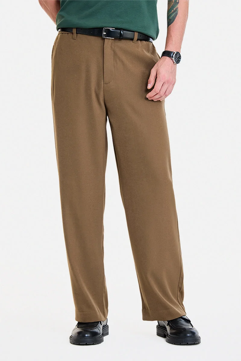 SNITCH Brown Textured Relaxed Casual Trousers